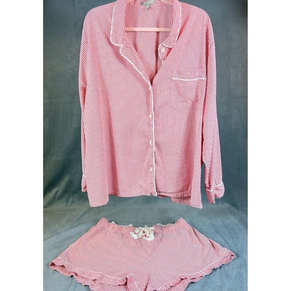 J.CREW Other - J Crew Seersucker Red White Pajama Lounge Set Long Sleeve Shorts Preppy   3X